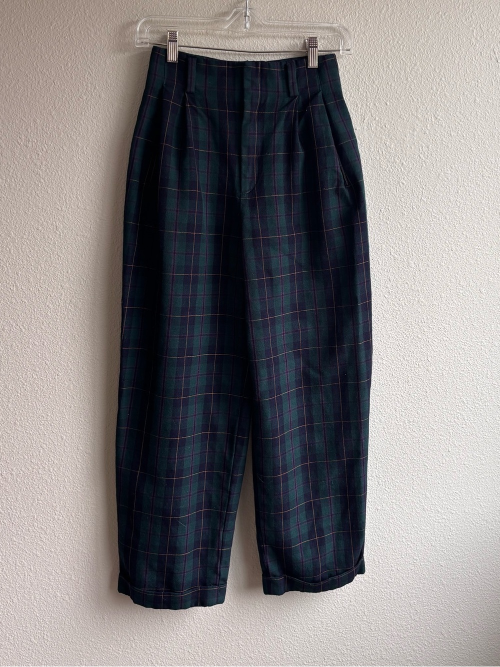 Wool Dark Green Plaid Trousers
